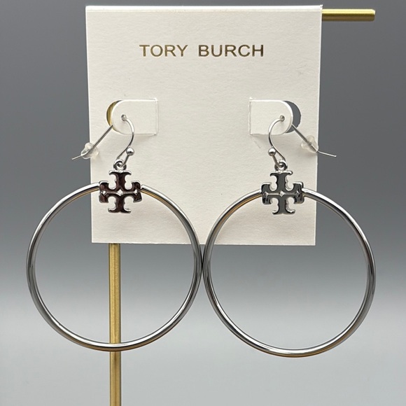Tory Burch Silver Tone Stacked T Logo circle drop earrings - Picture 1 of 1